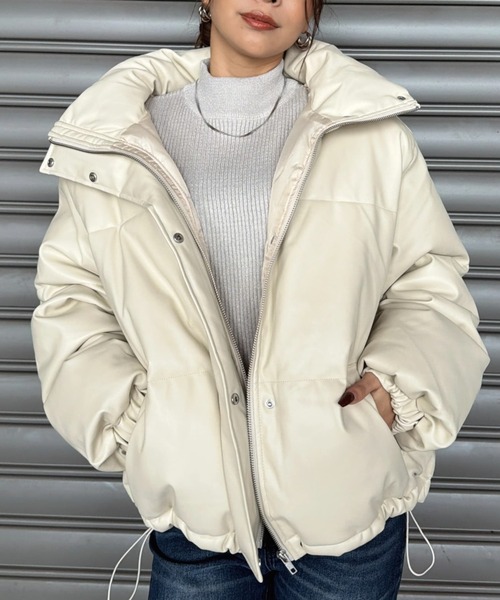 セール】スタンドカラーフェイクレザー中綿ジャケット（ダウン
