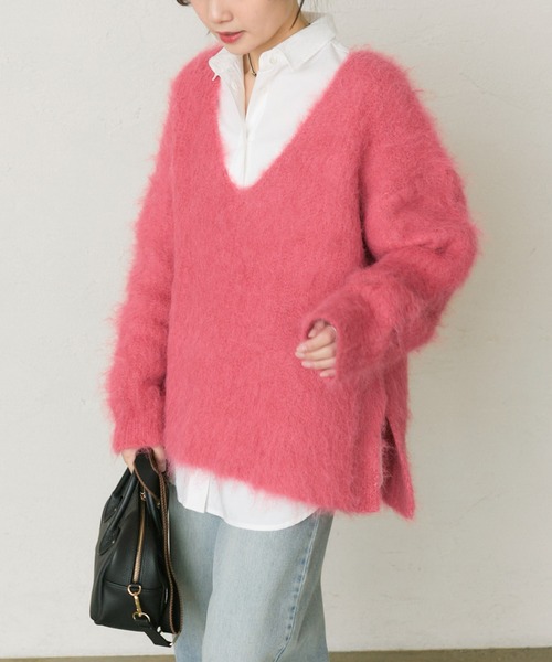PUAL CE CIN(ピュアルセシン)の「起毛Vネックニットプルオーバー(ニット/セーター・レディース・ピンク/ライトベージュ/グレー/ブルー・FREE)」の4枚目の写真