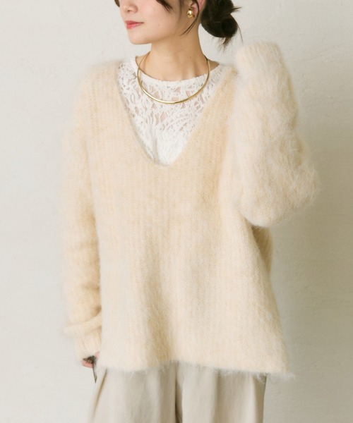 PUAL CE CIN(ピュアルセシン)の「起毛Vネックニットプルオーバー(ニット/セーター・レディース・ピンク/ライトベージュ/グレー/ブルー・FREE)」の1枚目の写真
