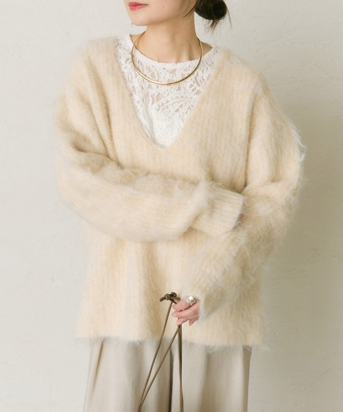 PUAL CE CIN(ピュアルセシン)の「起毛Vネックニットプルオーバー(ニット/セーター・レディース・ピンク/ライトベージュ/グレー/ブルー・FREE)」の5枚目の写真