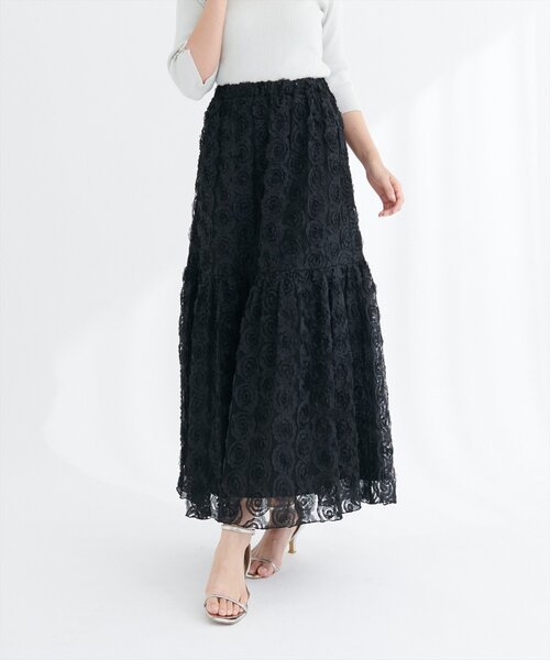 natural couture(ナチュラルクチュール)の「フラワーチュールボリュームスカート(スカート・レディース・ブラック/オフホワイト・FREE)」の5枚目の写真