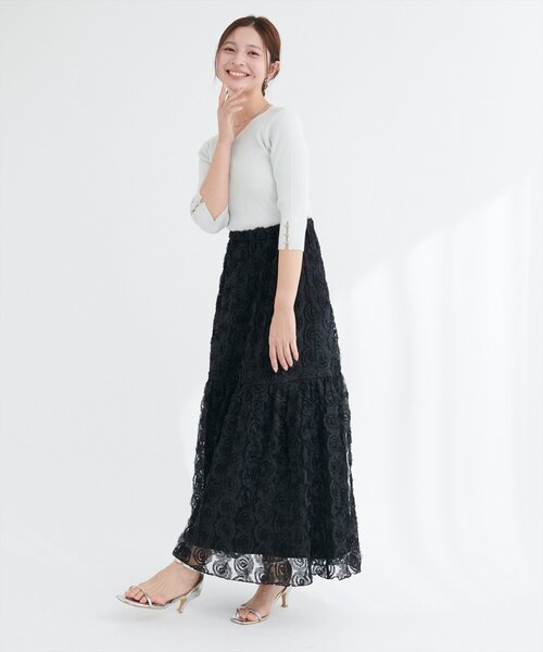 natural couture(ナチュラルクチュール)の「フラワーチュールボリュームスカート(スカート・レディース・ブラック/オフホワイト・FREE)」の8枚目の写真