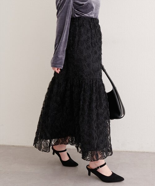 natural couture(ナチュラルクチュール)の「フラワーチュールボリュームスカート(スカート・レディース・ブラック/オフホワイト・FREE)」の10枚目の写真