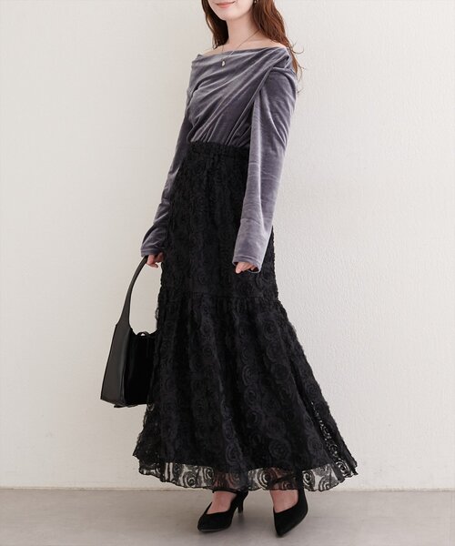 natural couture(ナチュラルクチュール)の「フラワーチュールボリュームスカート(スカート・レディース・ブラック/オフホワイト・FREE)」の12枚目の写真