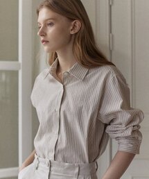 Emblem Logo Stripe Shirt - Beige