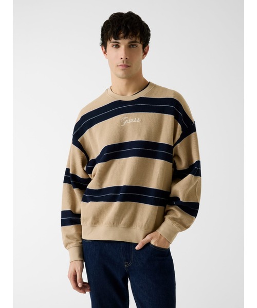 Crew Neck Long Sleeves Yarn Dye Stripes Sweatshirt スウェット 