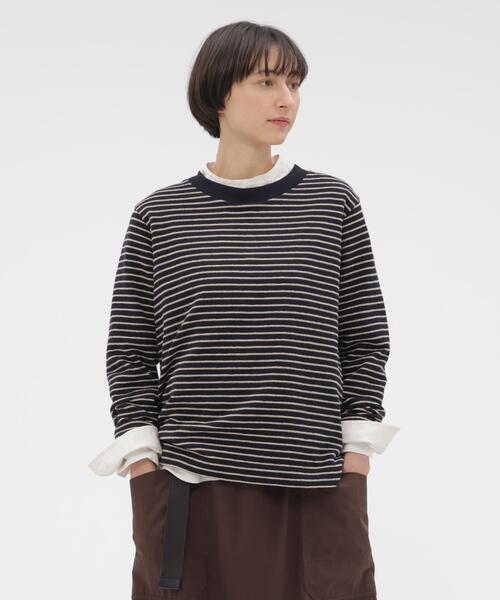 MHL.(エムエイチエル)の「TEXTURED COTTON STRIPE(Tシャツ/カットソー・レディース・ネイビー・2)」の1枚目の写真