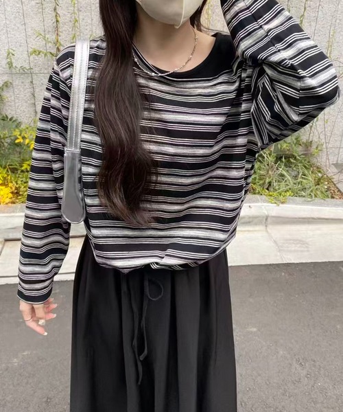 mebole（メボレ）の「ワンショルダーボーダートップス（Tシャツ/カットソー・レディース・ネイビー/ブラック・FREE）」の3枚目の写真