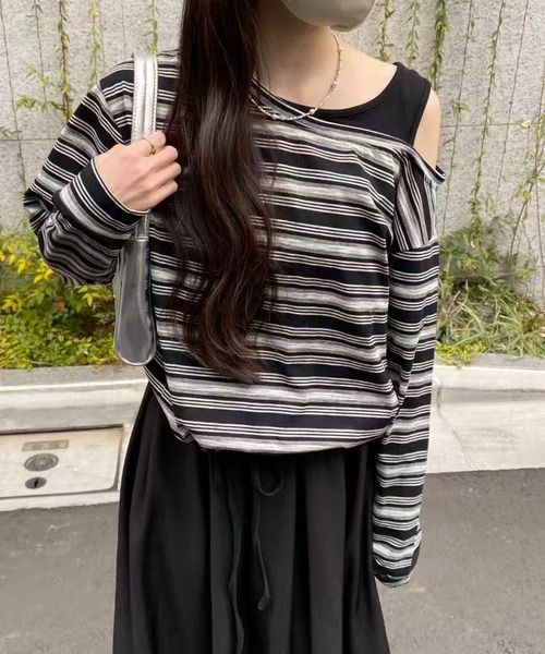 mebole（メボレ）の「ワンショルダーボーダートップス（Tシャツ/カットソー・レディース・ネイビー/ブラック・FREE）」の6枚目の写真