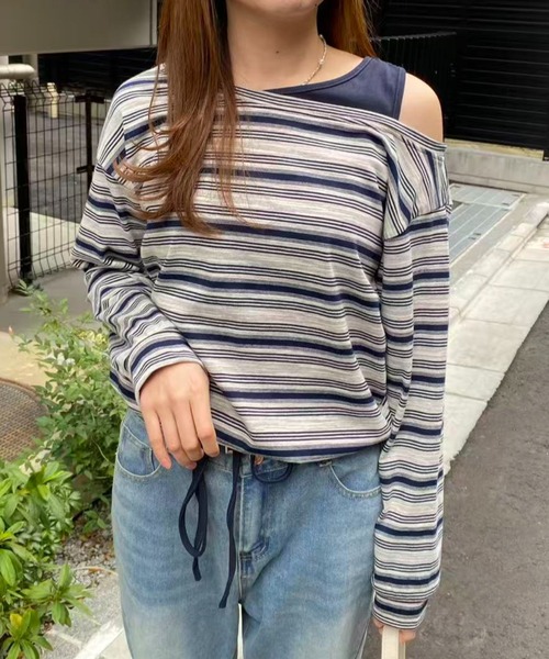 mebole（メボレ）の「ワンショルダーボーダートップス（Tシャツ/カットソー・レディース・ネイビー/ブラック・FREE）」の13枚目の写真