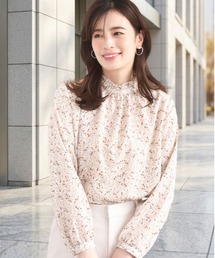 レトロフラワープリント フリルネックブラウス/洗濯機で洗える/WEB限定サイズあり