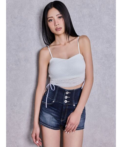 GYDA（ジェイダ）の「ハイウエストボタンBACKカーブクロスGYDA chainデニムショートパンツ（デニムパンツ・レディース・インディゴブルー/ライトブルー・MEDIUM/SMALL/X-SMALL）」の6枚目の写真