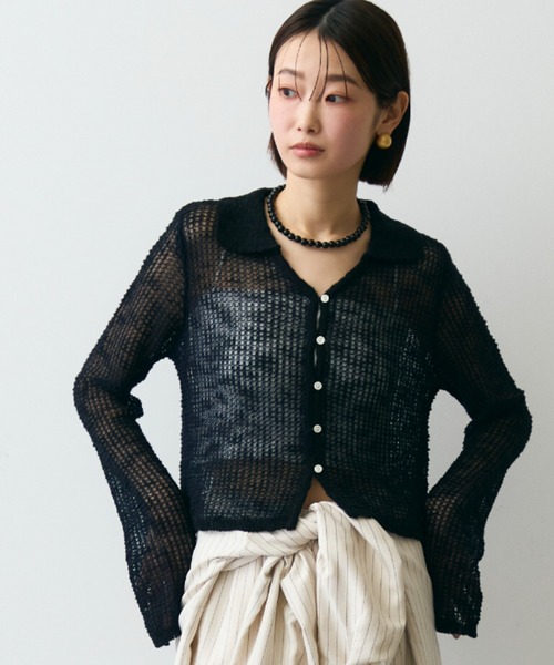 Trish(トリッシュ)の「ジャガード裏使い衿付きカーディガン(Tシャツ/カットソー・レディース・ブラック/ベージュ・FREE)」の2枚目の写真