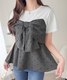 mily bilet（ミウィビレット）の「【mily bilet】一枚でサマになる。 フロントリボン布帛コンビ半袖Tシャツ（Tシャツ/カットソー）」