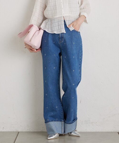 mystic（ミスティック）の「ラインストーンデニム（デニムパンツ・レディース・ネイビー/ブルー・1/2）」の6枚目の写真