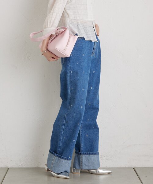 mystic（ミスティック）の「ラインストーンデニム（デニムパンツ・レディース・ネイビー/ブルー・1/2）」の7枚目の写真