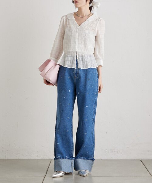 mystic（ミスティック）の「ラインストーンデニム（デニムパンツ・レディース・ネイビー/ブルー・1/2）」の10枚目の写真