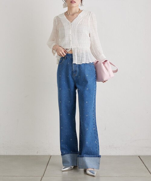 mystic（ミスティック）の「ラインストーンデニム（デニムパンツ・レディース・ネイビー/ブルー・1/2）」の11枚目の写真