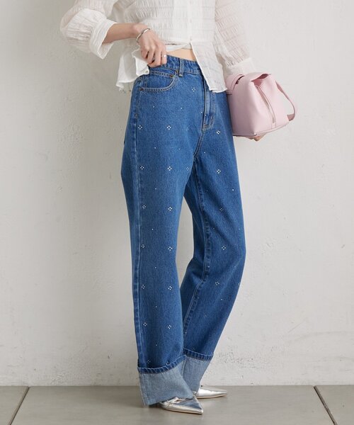 mystic（ミスティック）の「ラインストーンデニム（デニムパンツ・レディース・ネイビー/ブルー・1/2）」の12枚目の写真