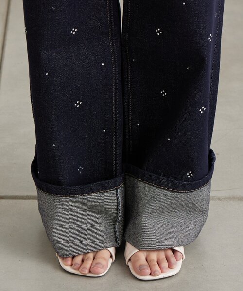 mystic（ミスティック）の「ラインストーンデニム（デニムパンツ・レディース・ネイビー/ブルー・1/2）」の5枚目の写真