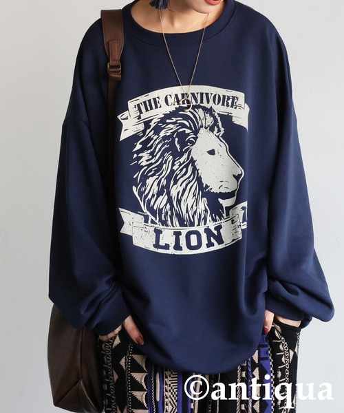 antiqua(アンティカ)の「綿100% アニマルロゴ トレーナー(Tシャツ/カットソー・レディース・カーキ/ネイビー/杢グレー/ブラック/ホワイト・ONESIZE)」の5枚目の写真