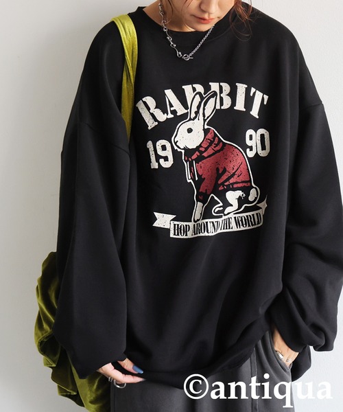 antiqua(アンティカ)の「綿100% アニマルロゴ トレーナー(Tシャツ/カットソー・レディース・カーキ/ネイビー/杢グレー/ブラック/ホワイト・ONESIZE)」の3枚目の写真