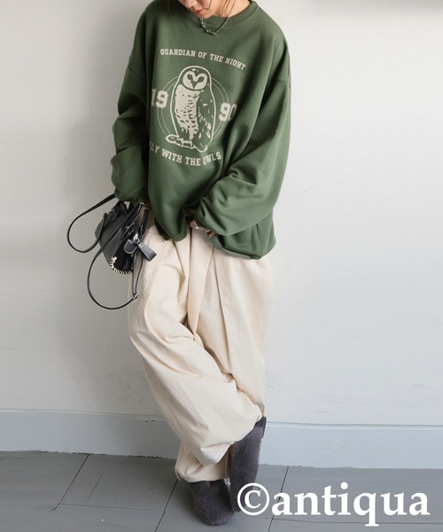 antiqua(アンティカ)の「綿100% アニマルロゴ トレーナー(Tシャツ/カットソー・レディース・カーキ/ネイビー/杢グレー/ブラック/ホワイト・ONESIZE)」の14枚目の写真