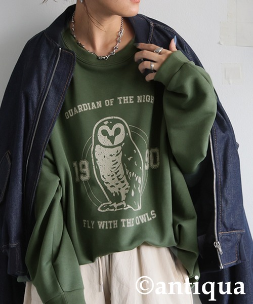 antiqua(アンティカ)の「綿100% アニマルロゴ トレーナー(Tシャツ/カットソー・レディース・カーキ/ネイビー/杢グレー/ブラック/ホワイト・ONESIZE)」の20枚目の写真