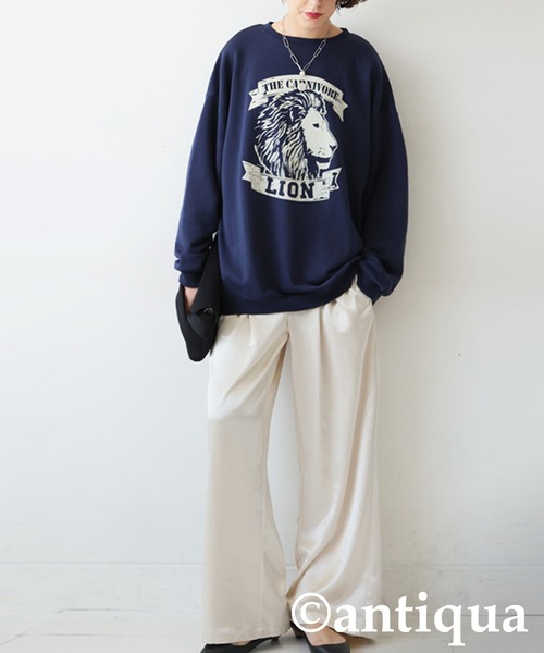 antiqua(アンティカ)の「綿100% アニマルロゴ トレーナー(Tシャツ/カットソー・レディース・カーキ/ネイビー/杢グレー/ブラック/ホワイト・ONESIZE)」の13枚目の写真