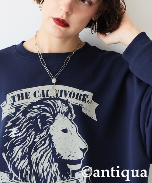 antiqua(アンティカ)の「綿100% アニマルロゴ トレーナー(Tシャツ/カットソー・レディース・カーキ/ネイビー/杢グレー/ブラック/ホワイト・ONESIZE)」の6枚目の写真