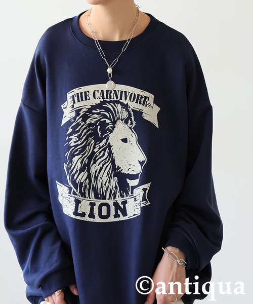 antiqua(アンティカ)の「綿100% アニマルロゴ トレーナー(Tシャツ/カットソー・レディース・カーキ/ネイビー/杢グレー/ブラック/ホワイト・ONESIZE)」の7枚目の写真
