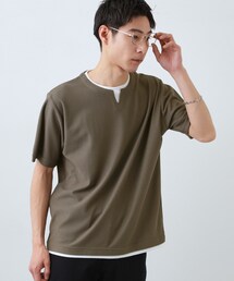 【一枚でコーディネートが完成!】レイヤード風 キーネック 半袖Tシャツ 洗濯機OK