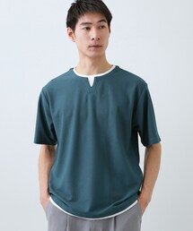 【一枚でコーディネートが完成!】レイヤード風 キーネック 半袖Tシャツ 洗濯機OK