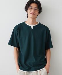 【一枚でコーディネートが完成!】レイヤード風 キーネック 半袖Tシャツ 洗濯機OK