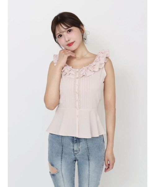 EATME(イートミー)の「フリルネックペプラムTOP(シャツ/ブラウス・レディース・ブルー/オフホワイト/ピンク・FREE)」の9枚目の写真