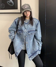 Dalfwin（ダールフィン）の「韓国ファッション RICECAKE襟切りっぱなしノーカラーデニムブルゾン（デニムジャケット）」