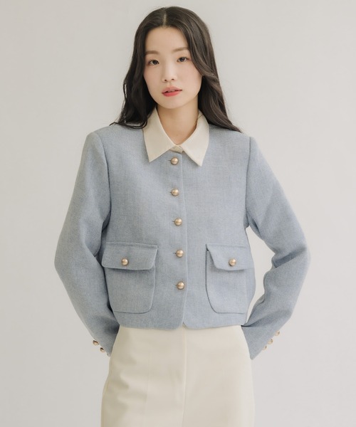 NEUNA（ヌナ）の「スプリングボタンジャケット（ノーカラージャケット・レディース・ライトブルー/アイボリー/ブラック・FREE）」の4枚目の写真