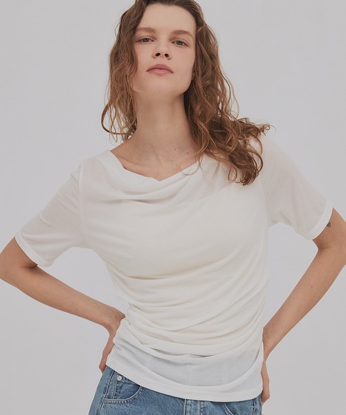 PUBLIC TOKYO（パブリックトウキョウ）の「【2026新作／大人気完売再入荷】ドレープハーフスリーブトップ（Tシャツ/カットソー・レディース・ライトグレー/ホワイト/ブラウン・FREE）」の2枚目の写真