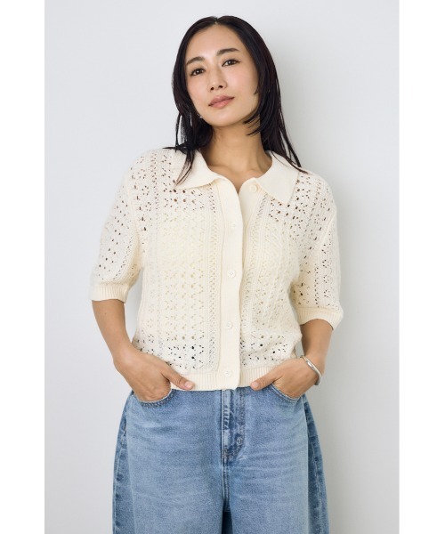 AZUL by moussy（アズールバイマウジー）の「クロシェニットポロカラーカーディガン（カーディガン/ボレロ・レディース・オフホワイト/ブラック/ブラウン系その他・FREE）」の4枚目の写真