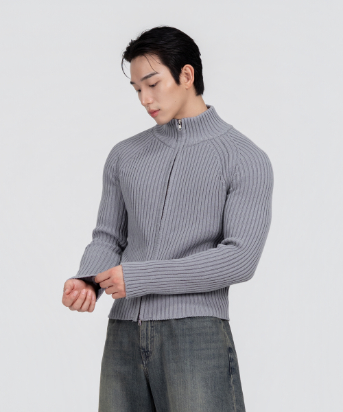 PHOS333(フォースサンサンサン)の「M スタンドネックニットジップアップ/グレー(ニット/セーター・メンズ・その他・LARGE)」の1枚目の写真