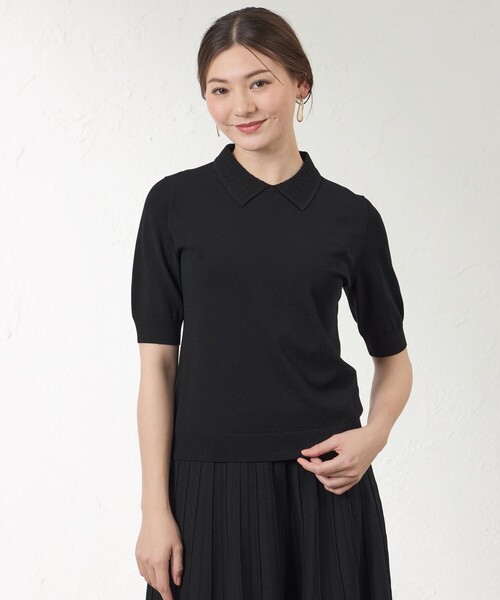 amaca(アマカ)の「【接触冷感・UV対策】ライトレーヨンストレッチ ポロ衿プルオーバー(Tシャツ/カットソー・レディース・ダークネイビー/ベージュ・38/40)」の1枚目の写真