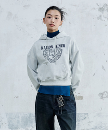 (W) DOODLE HEART CROP HOODIE MELANGE WHITE