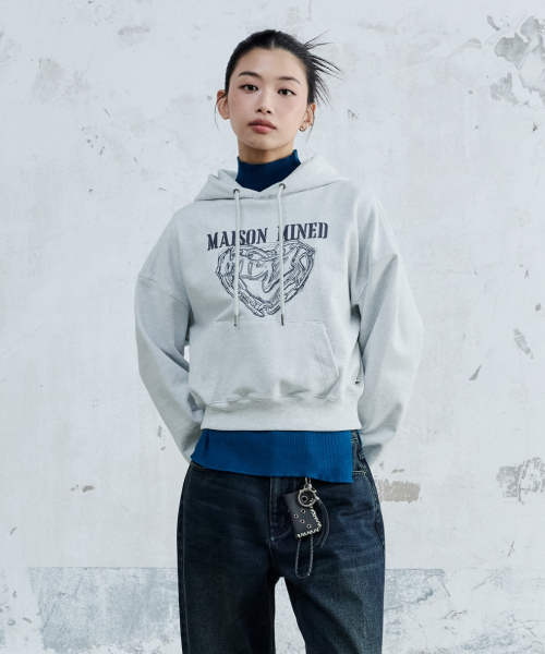 DOODLE HEART Crop Hoodie MELANGE WHITE — укороченное худи белого меланжа