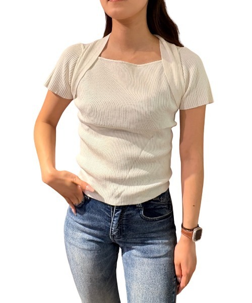 COOK JEANS(クックジーンズ)の「FAKEボレロニットTシャツ(Tシャツ/カットソー・レディース・ホワイト/ベージュ/ブラック・FREE)」の1枚目の写真