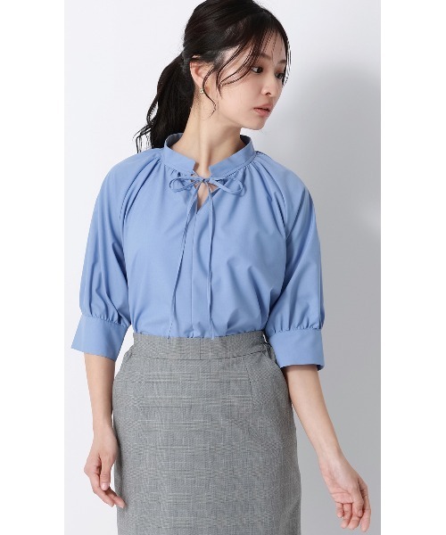 AOYAMA（アオヤマ）の「ハイネックギャザーリボンブラウス【涼】【5分袖】（Tシャツ/カットソー・レディース・キャメル/ブルー/ブラック・L/M）」の18枚目の写真