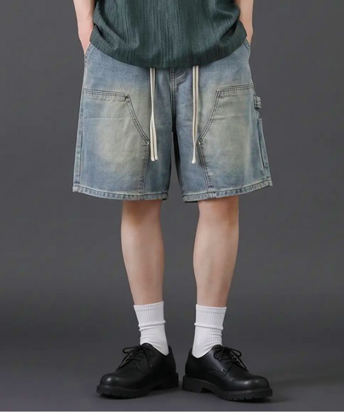 revertical(リバーティカル)の「ヴィンテージウォッシュデニムショートパンツ/ ワイドシルエット(デニムパンツ・メンズ・サックスブルー/ブラック・LARGE/MEDIUM)」の2枚目の写真