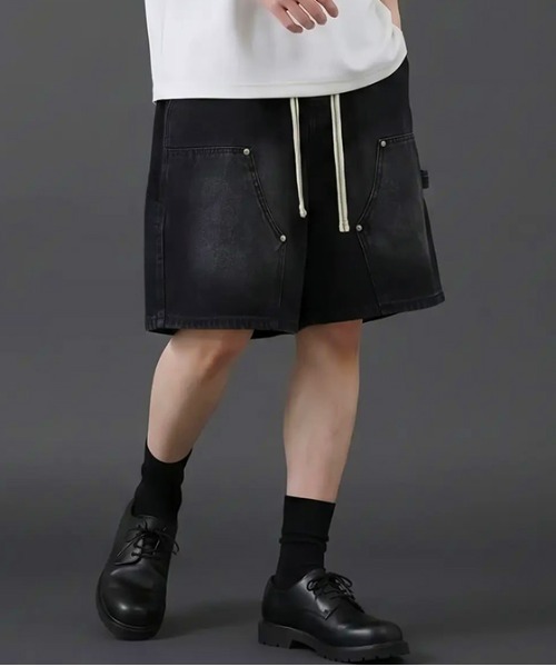 revertical(リバーティカル)の「ヴィンテージウォッシュデニムショートパンツ/ ワイドシルエット(デニムパンツ・メンズ・サックスブルー/ブラック・LARGE/MEDIUM)」の1枚目の写真
