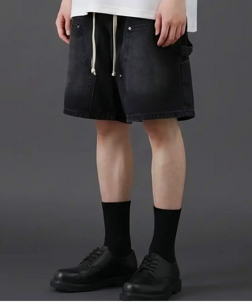 revertical(リバーティカル)の「ヴィンテージウォッシュデニムショートパンツ/ ワイドシルエット(デニムパンツ・メンズ・サックスブルー/ブラック・LARGE/MEDIUM)」の3枚目の写真
