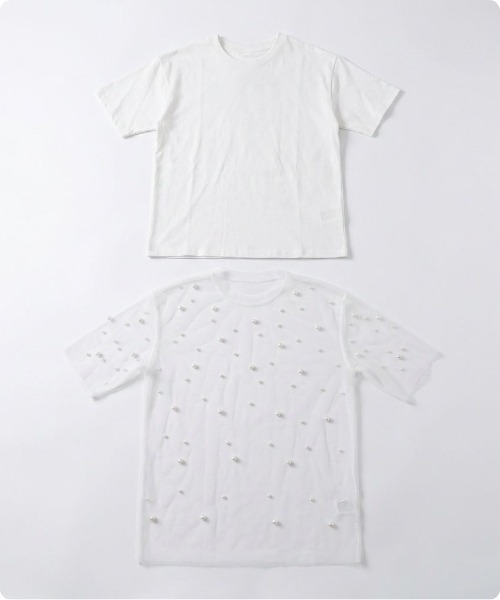 I.O.E（アイオイ）の「[韓国トレンド] チュール×パール2点セットT（Tシャツ/カットソー・レディース・ブラック/ホワイト・FREE）」の3枚目の写真