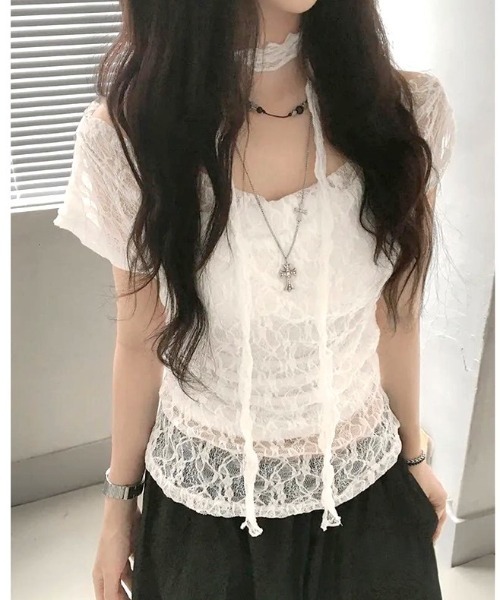 SHEENA(シーナ)の「ストール付きワイドネックレースシアートップス(Tシャツ/カットソー・レディース・ホワイト・M)」の9枚目の写真